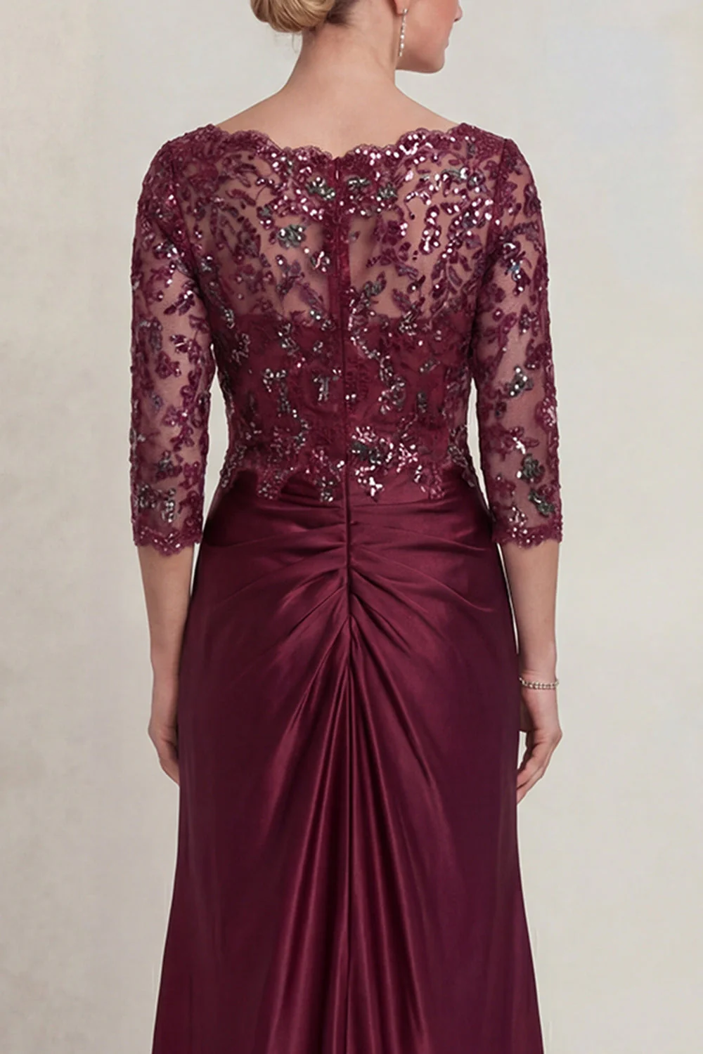 Burgundy Mermaid V Neck Sequin Mother of the Bride Dress with 3/4 Sleeves - Image 4