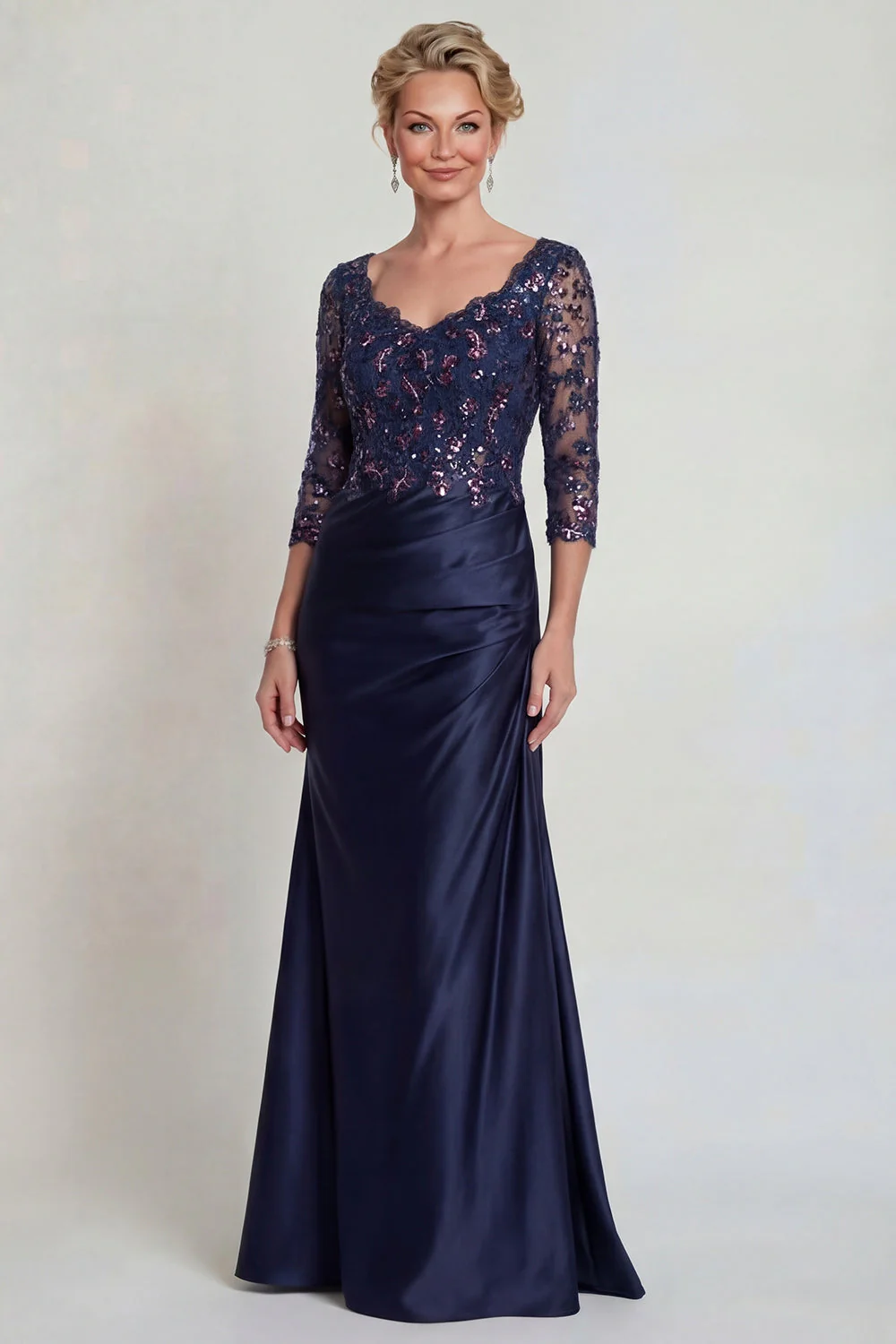 Burgundy Mermaid V Neck Sequin Mother of the Bride Dress with 3/4 Sleeves - Image 5