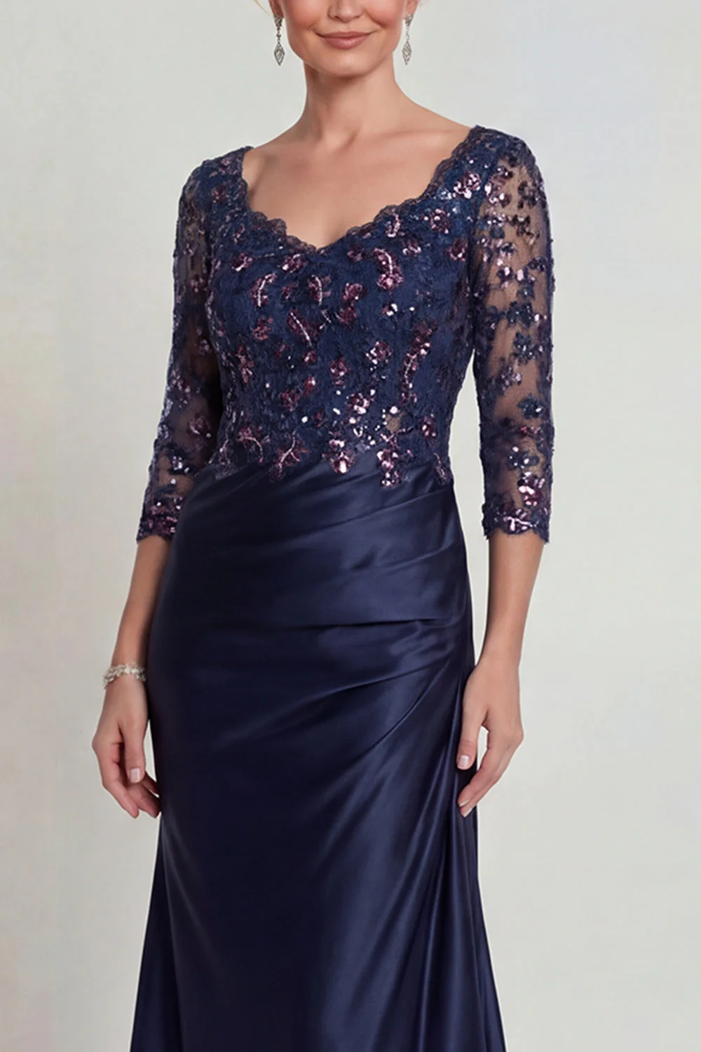 Burgundy Mermaid V Neck Sequin Mother of the Bride Dress with 3/4 Sleeves - Image 7