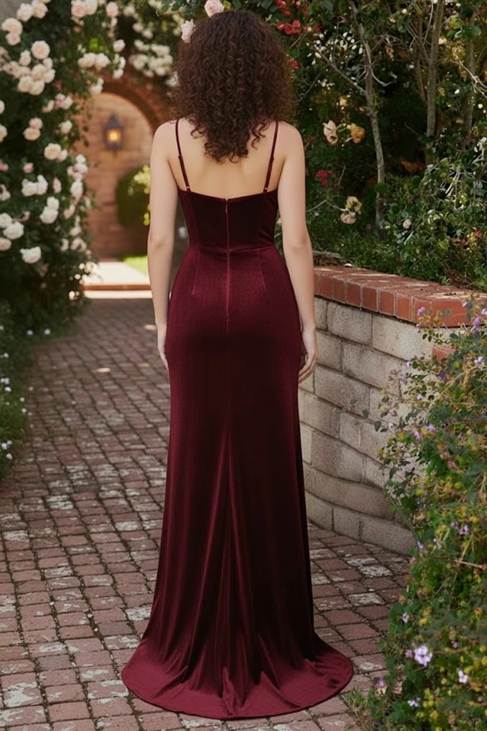 Burgundy Mermaid Velvet Corset Spaghetti Straps Long Holiday Dress with Slit - Image 2