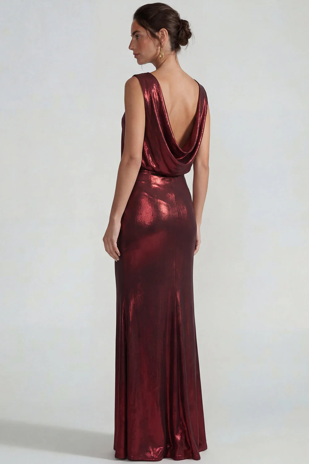 Burgundy Metallic Satin Open Back Sheath Long Evening Dress - Image 2