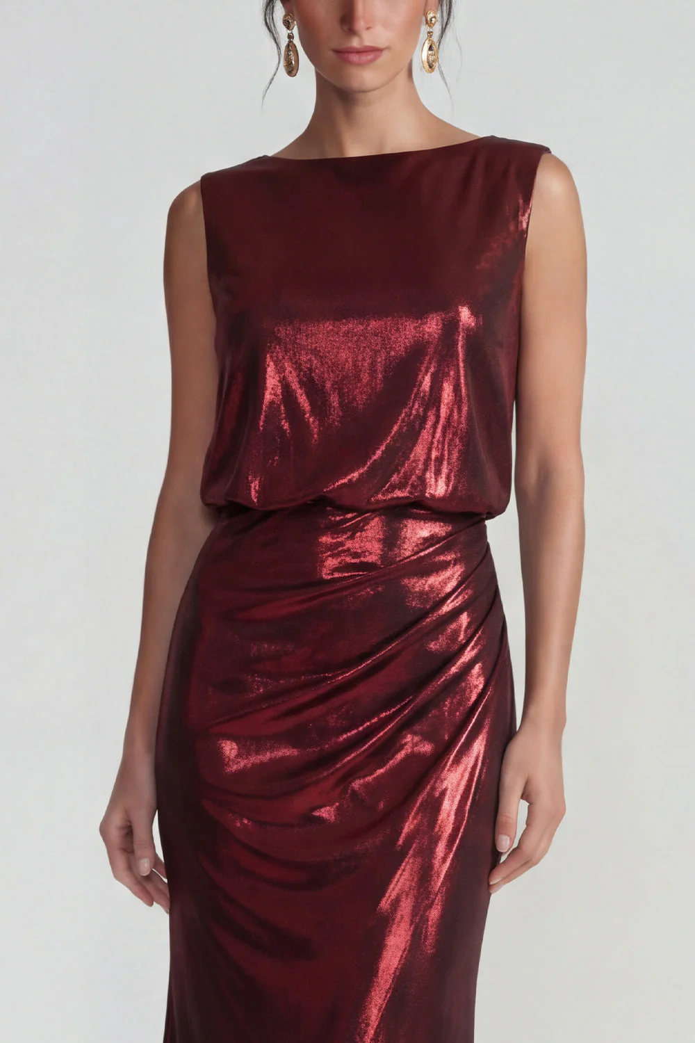 Burgundy Metallic Satin Open Back Sheath Long Evening Dress - Image 3