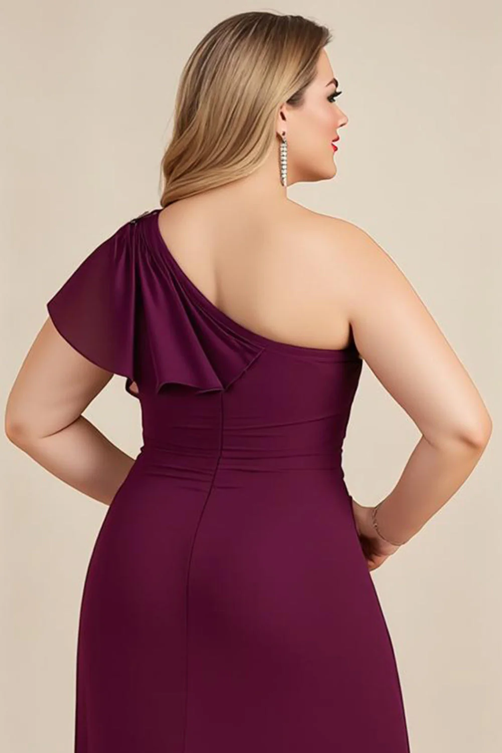 Burgundy One Shoulder A-Line Appliqued Long Chiffon Choir Dress - Image 5