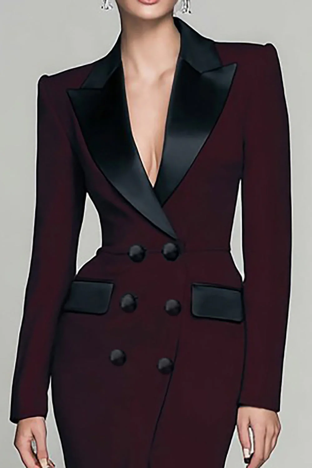 Burgundy Peak Lapel Long Sleeves Sheath Work Dress with Slit - Image 2