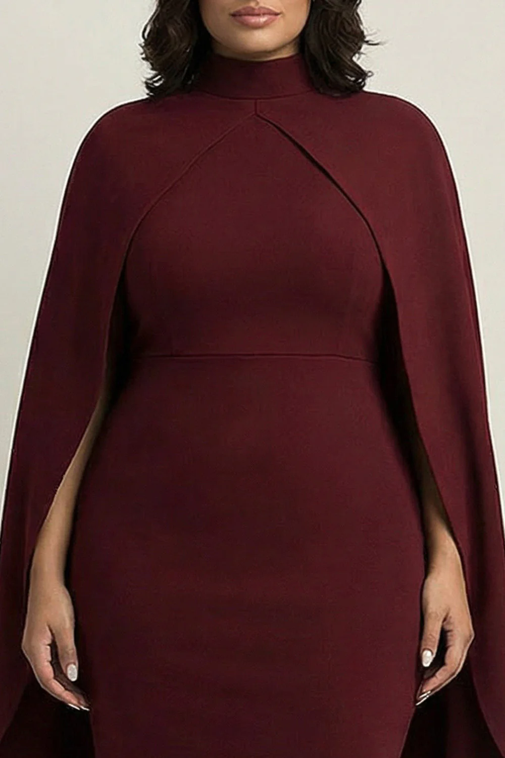 Burgundy Plus Size Sheath High Neck Midi Formal Dress with Cape - Image 3