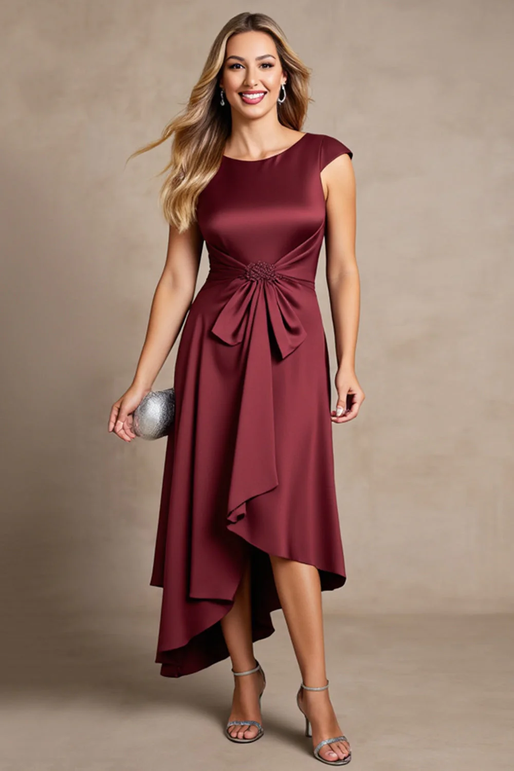 Burgundy Satin A Line Boat Neck Choir Dress with Bow - Image 2