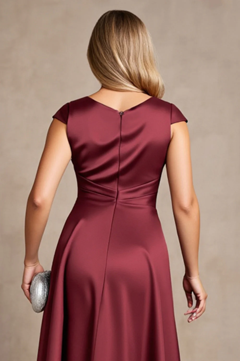 Burgundy Satin A Line Boat Neck Choir Dress with Bow - Image 5