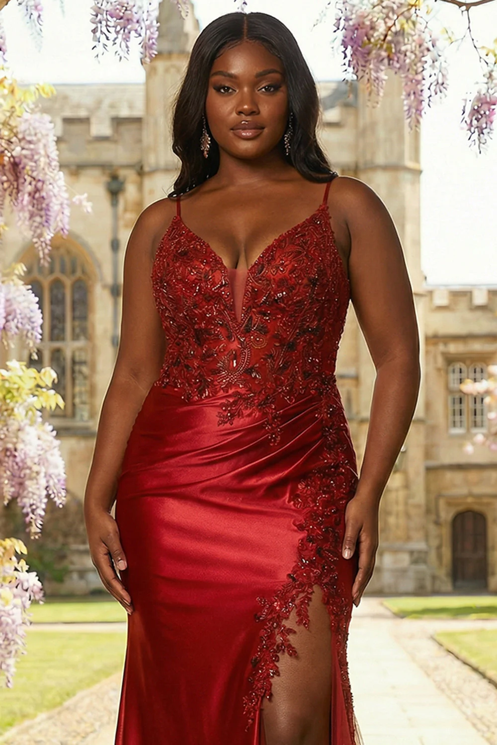 Burgundy Satin Mermaid Appliqued Plus Size Long Prom Dress with Slit - Image 3