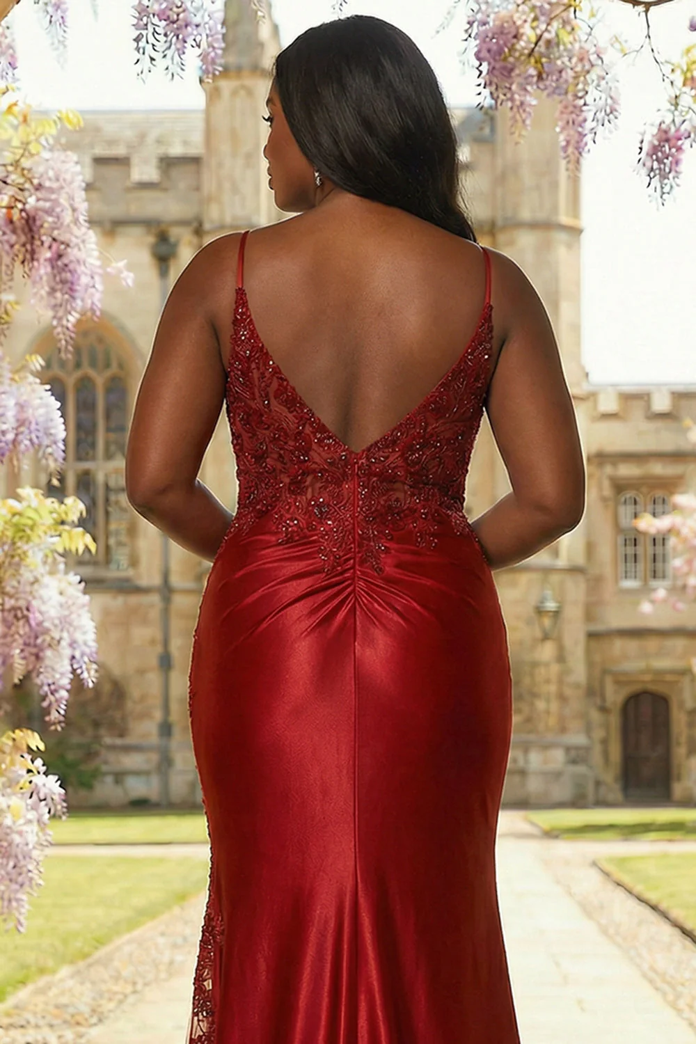 Burgundy Satin Mermaid Appliqued Plus Size Long Prom Dress with Slit - Image 4