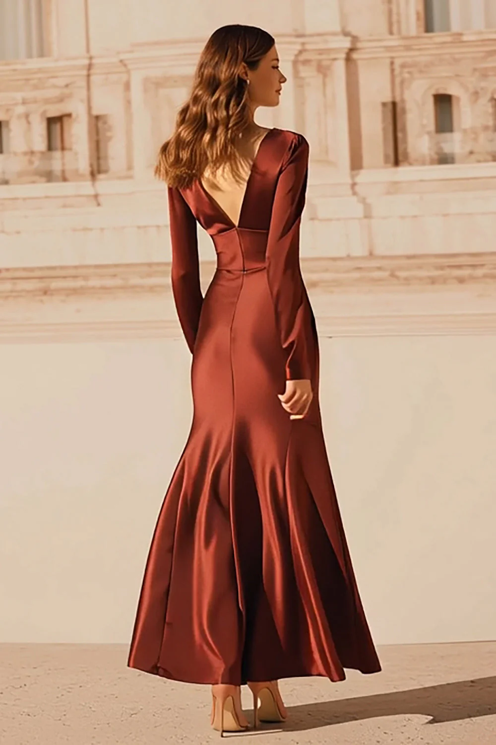 Burgundy Satin Mermaid V-Neck Long Evening Dress - Image 2