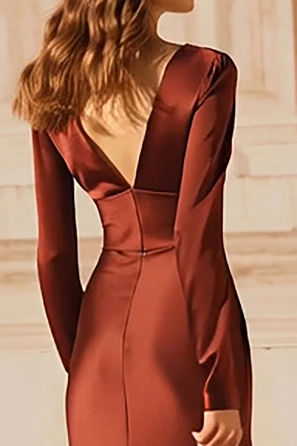 Burgundy Satin Mermaid V-Neck Long Evening Dress - Image 4