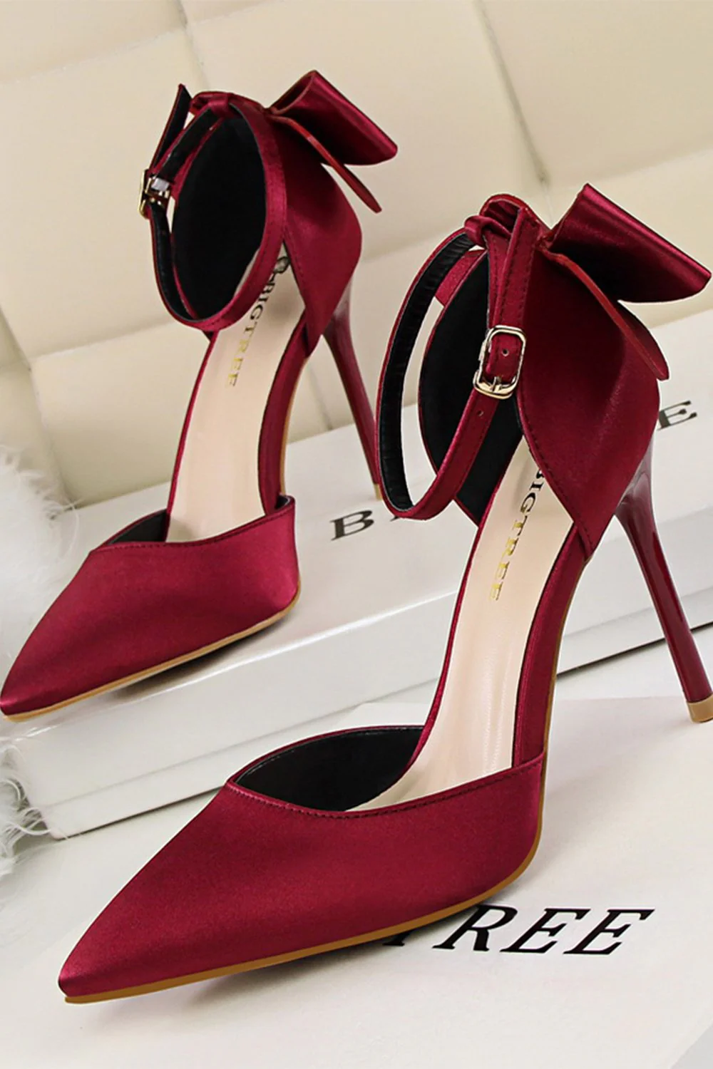 Burgundy Satin Prom Heels with Bowknot - Image 4