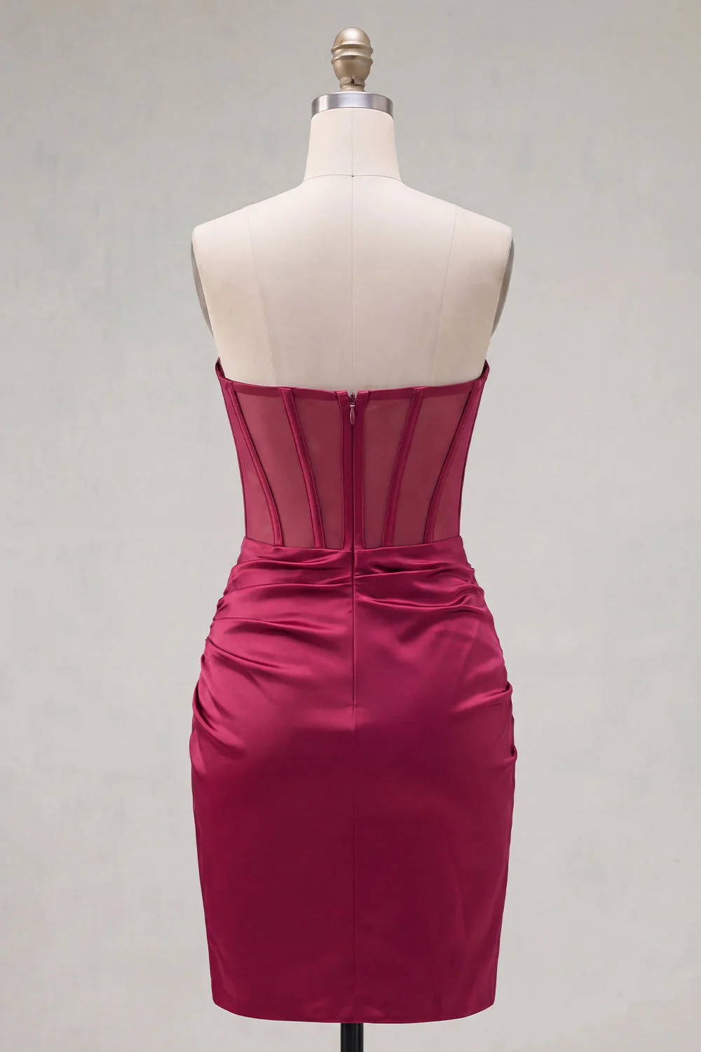 Burgundy Beaded Sweetheart Bodycon Sheer Corset Cocktail Dress with Slit - Image 2