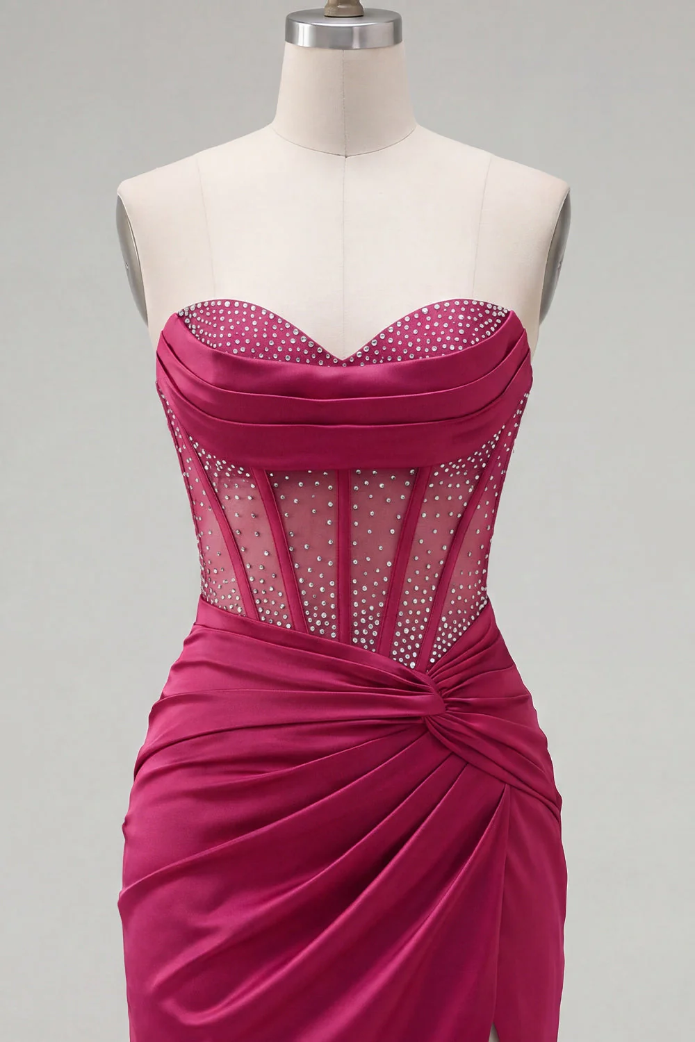 Burgundy Beaded Sweetheart Bodycon Sheer Corset Cocktail Dress with Slit - Image 7