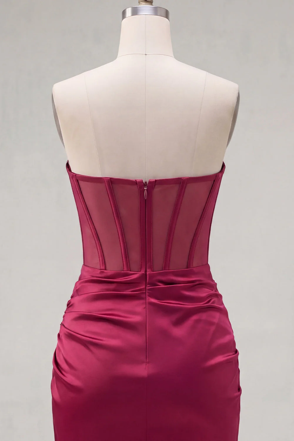 Burgundy Beaded Sweetheart Bodycon Sheer Corset Cocktail Dress with Slit - Image 8
