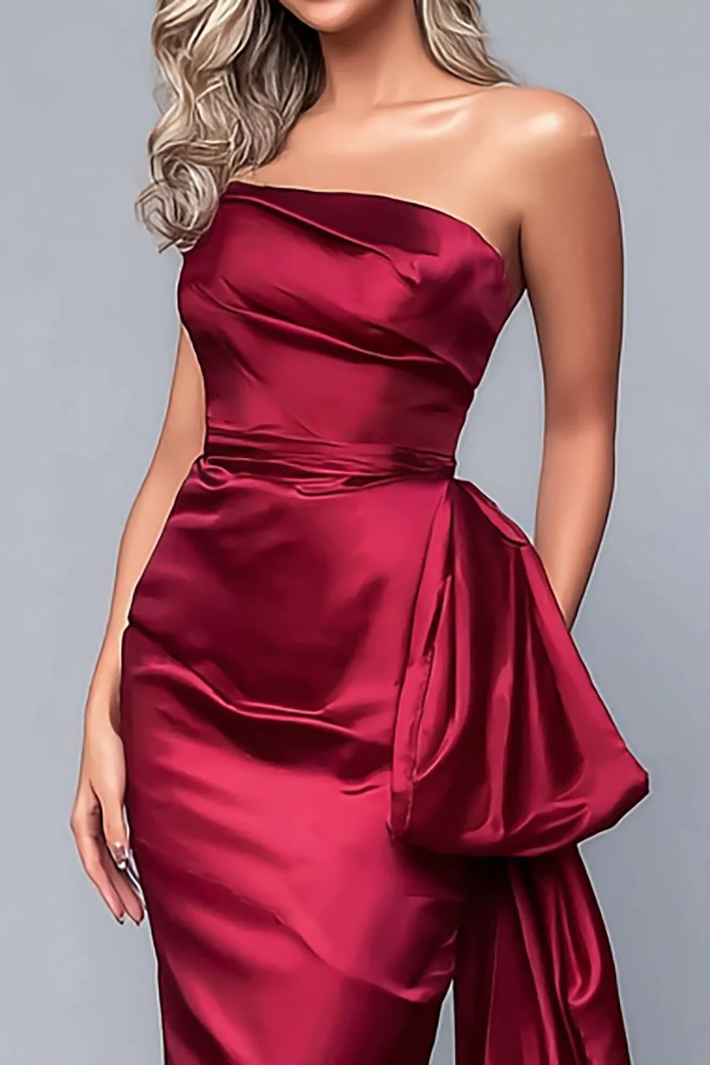 Burgundy Satin Strapless Ruched Long Evening Dress with Side Cape - Image 2
