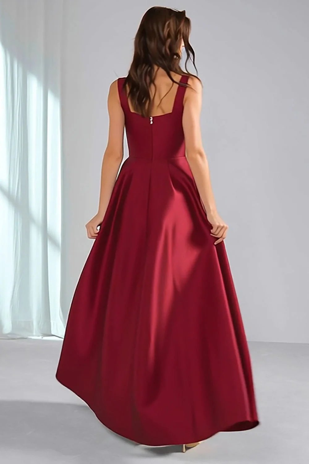 Burgundy Satin Thick Straps Ruched A Line Long Bridesmaid Dress - Image 2