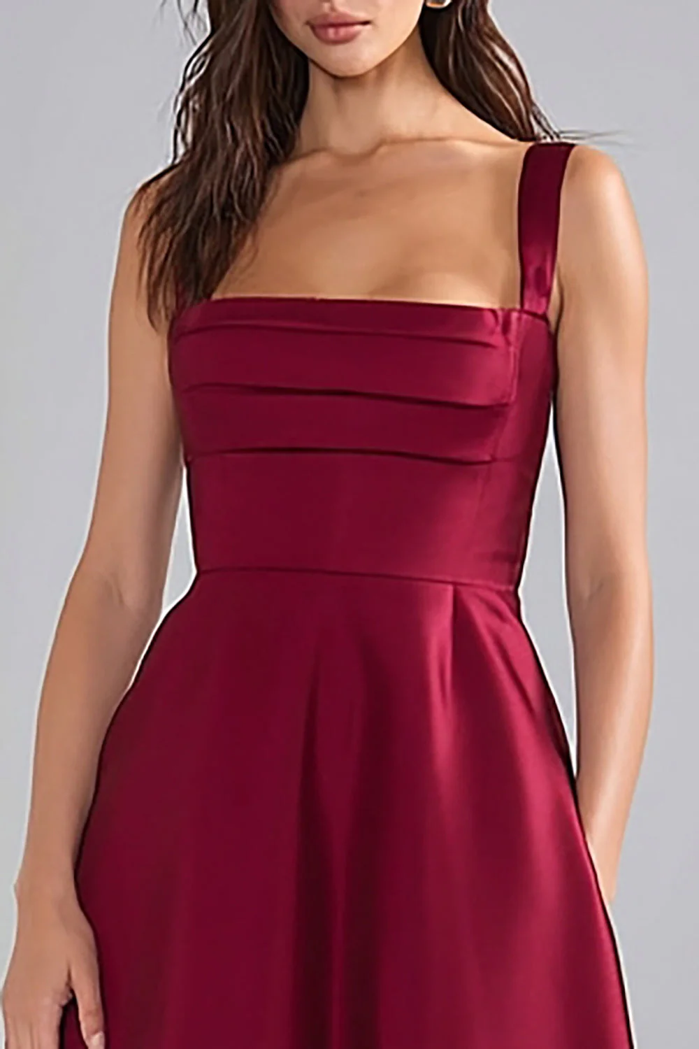 Burgundy Satin Thick Straps Ruched A Line Long Bridesmaid Dress - Image 3
