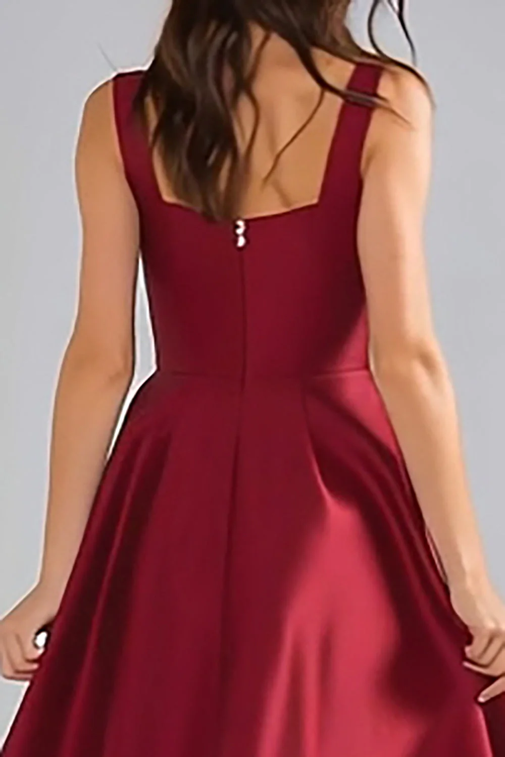 Burgundy Satin Thick Straps Ruched A Line Long Bridesmaid Dress - Image 4