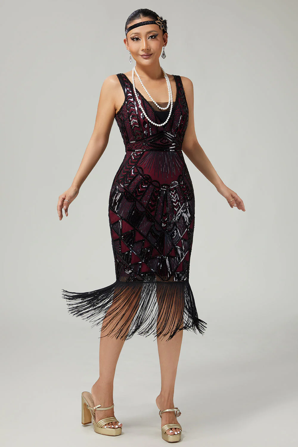 Burgundy Sequin Fringed Bodycon 1920s Dress With 5-Piece Accessories Set - Image 7