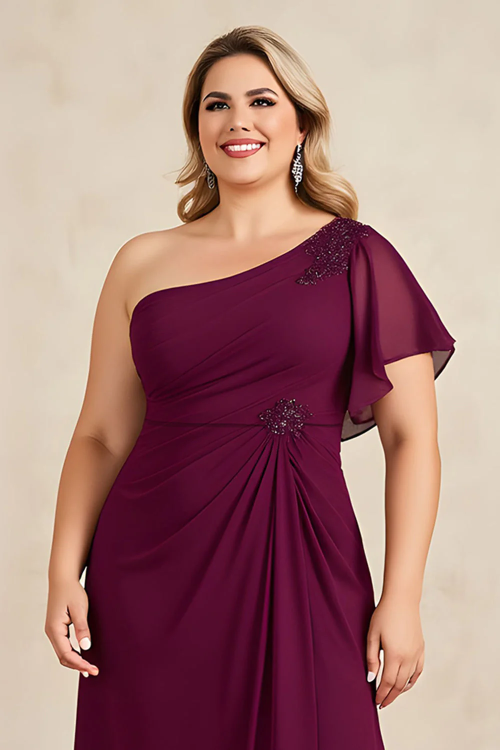Burgundy Sheath Chiffon One Shoulder Long Mother of the Bride Dress with Beading - Image 3