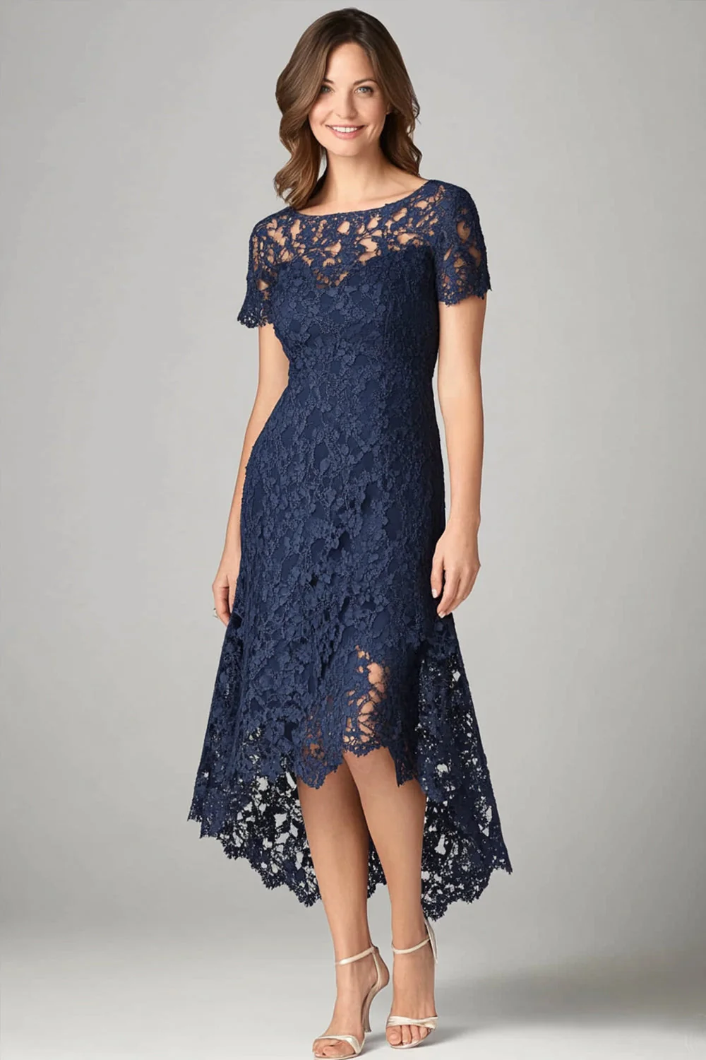 Burgundy Lace A Line Short Sleeves High-Low Mother of the Bride Dress - Image 3