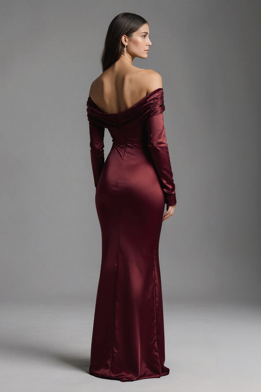 Burgundy Sheath Off the Shoulder Satin Long Evening Dress with Slit - Image 2