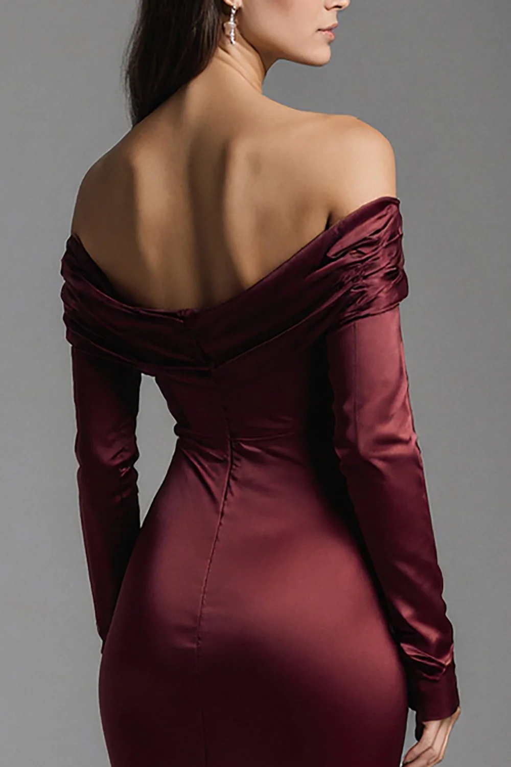 Burgundy Sheath Off the Shoulder Satin Long Evening Dress with Slit - Image 4