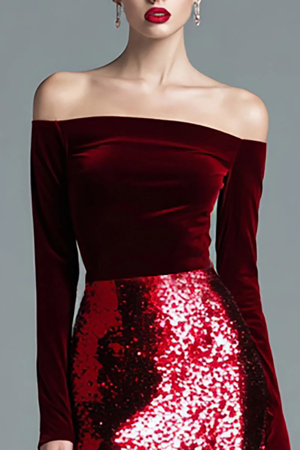 Burgundy Sheath Off the Shoulder Velvet Long Evening Dress - Image 2