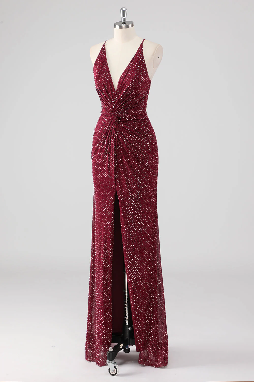 Burgundy Sheath V-Neck Pleated Beaded Backless Long Formal Dress with Slit - Image 3