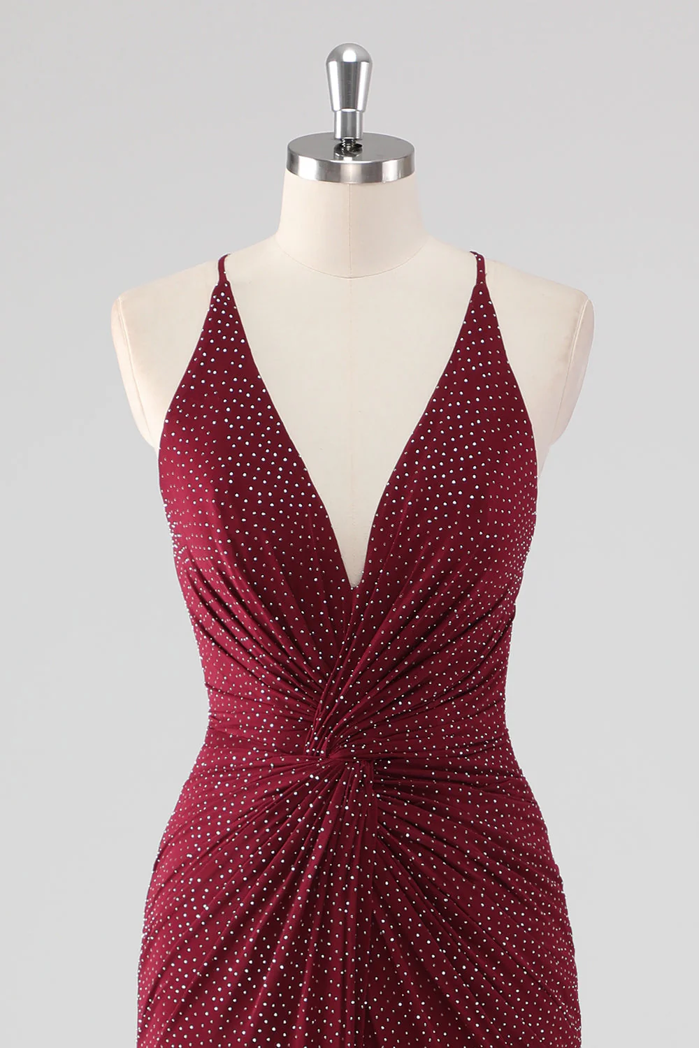 Burgundy Sheath V-Neck Pleated Beaded Backless Long Formal Dress with Slit - Image 4