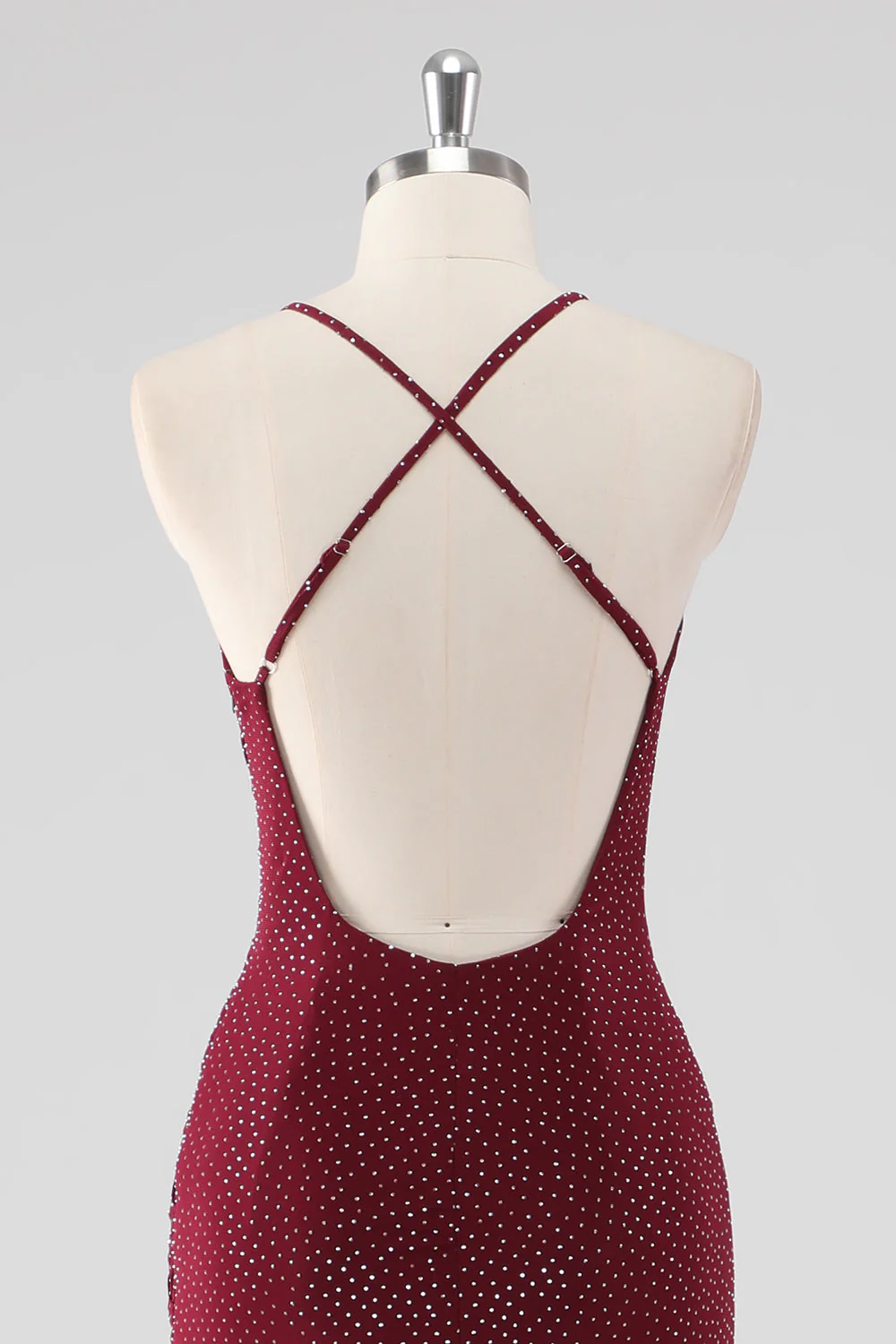 Burgundy Sheath V-Neck Pleated Beaded Backless Long Formal Dress with Slit - Image 5