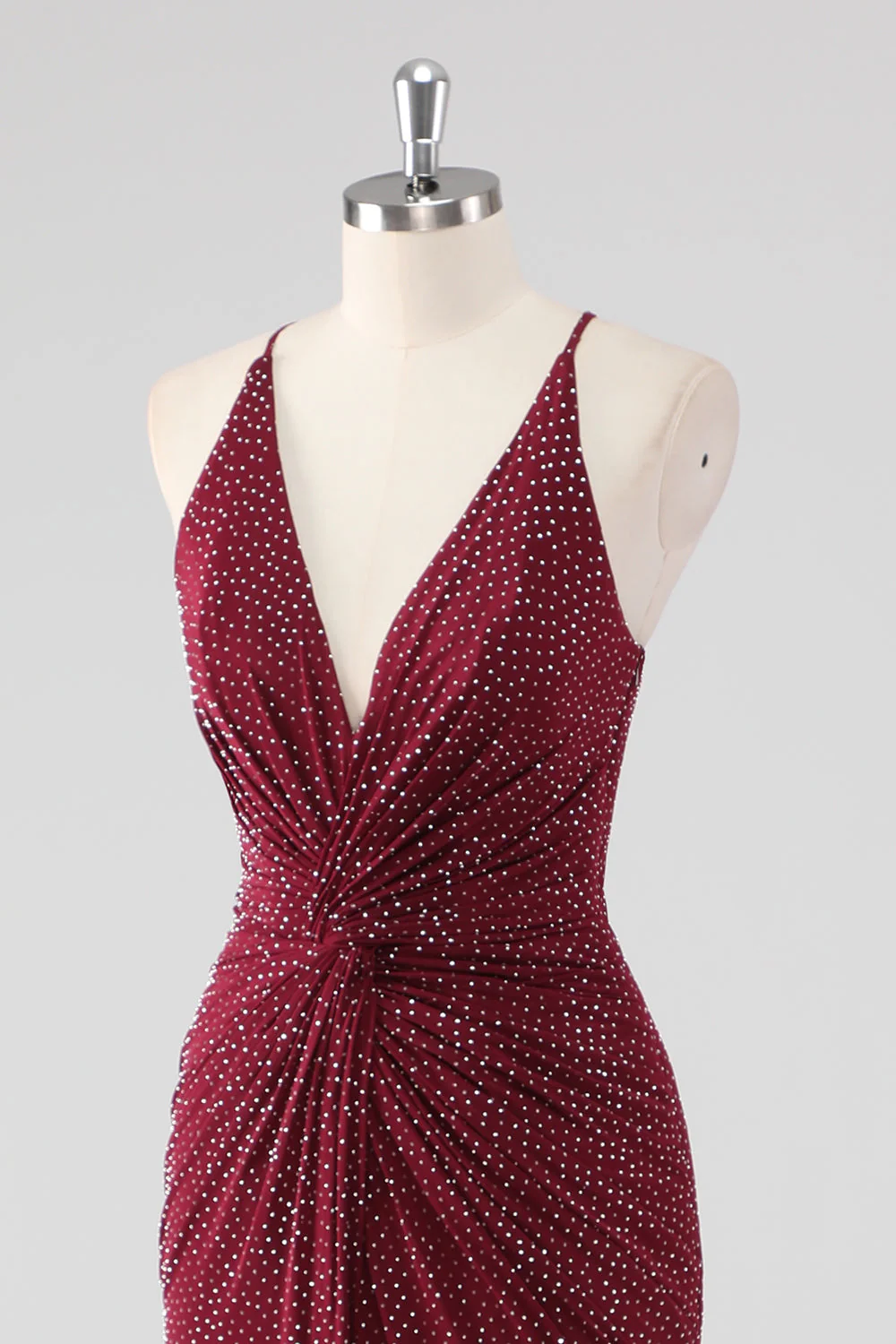 Burgundy Sheath V-Neck Pleated Beaded Backless Long Formal Dress with Slit - Image 6