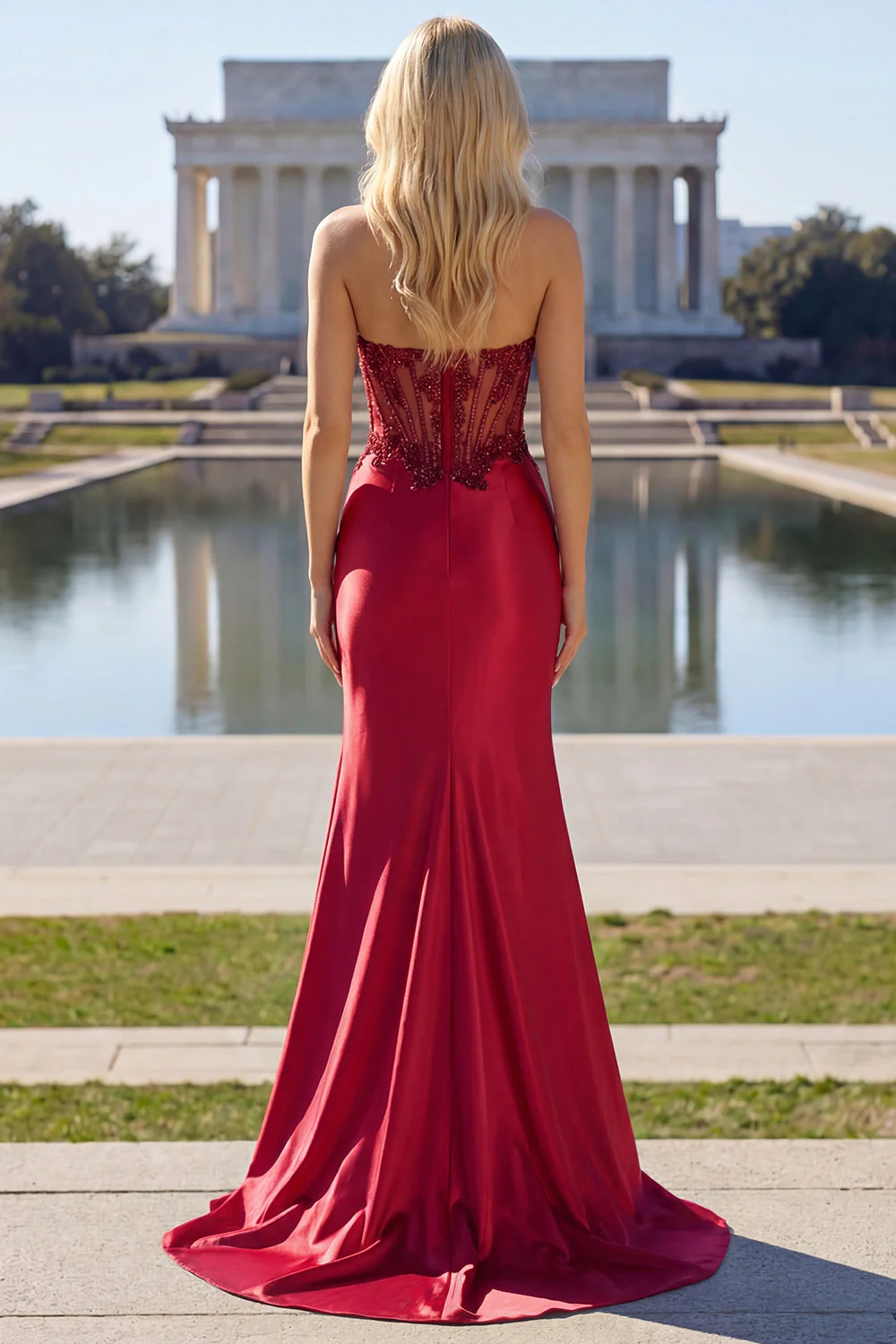 Burgundy Strapless Beading Mermaid Corset Satin Prom Dress with Slit - Image 4