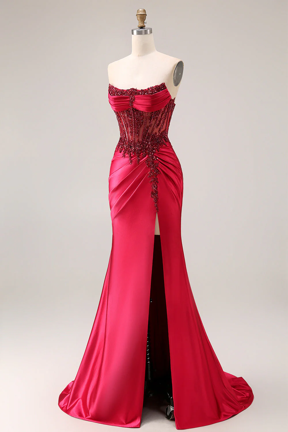 Burgundy Strapless Beading Mermaid Corset Satin Prom Dress with Slit - Image 5