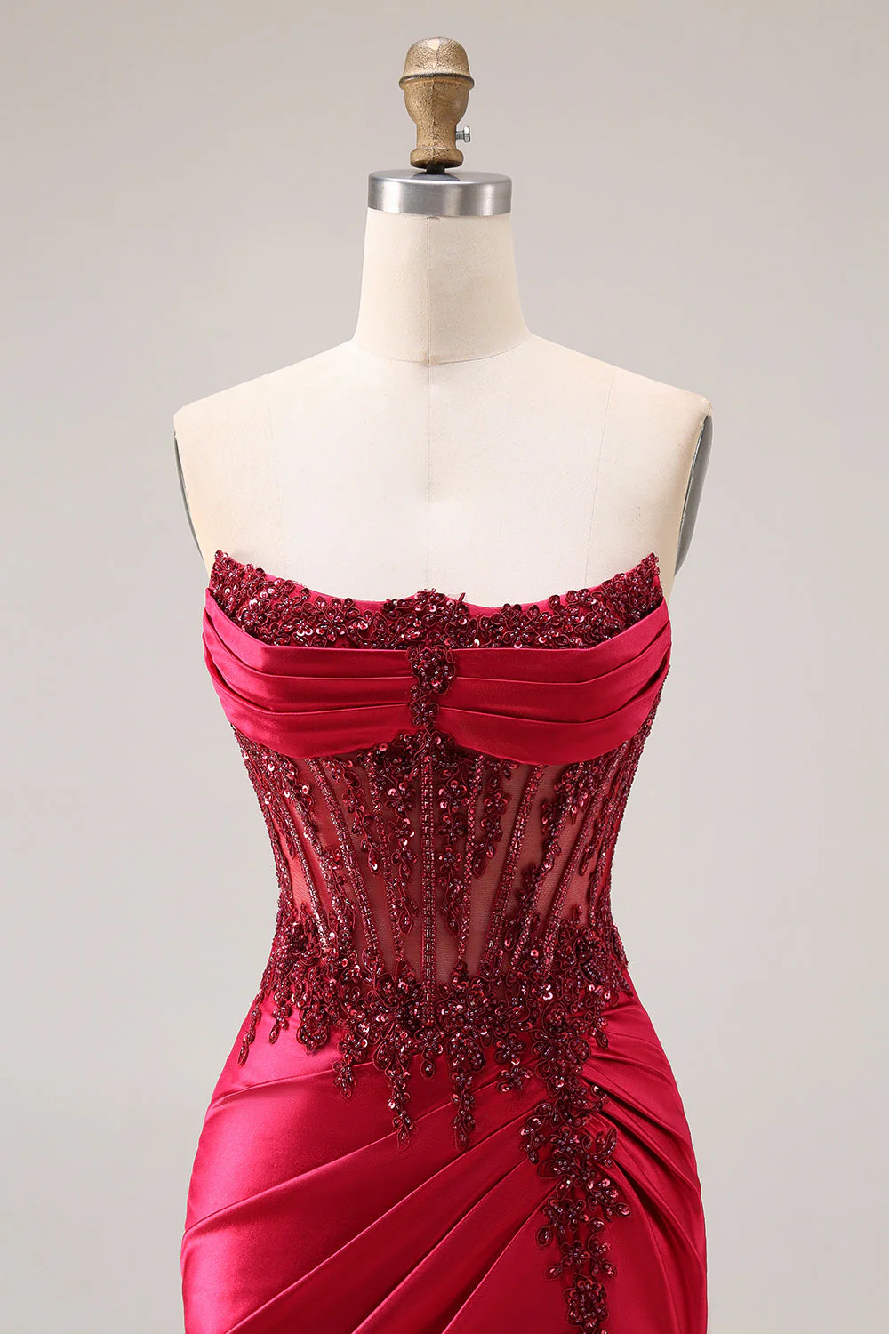 Burgundy Strapless Beading Mermaid Corset Satin Prom Dress with Slit - Image 6