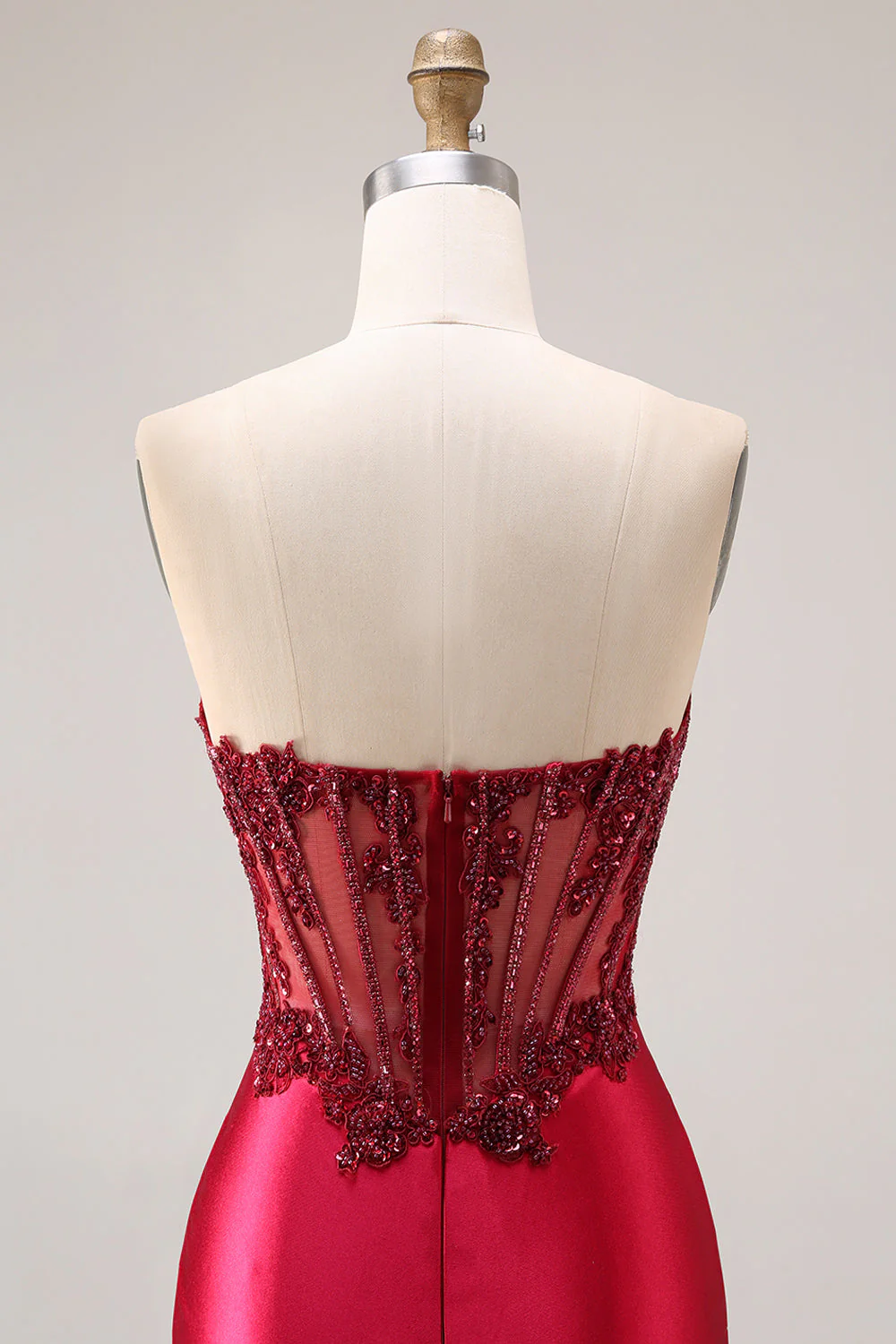 Burgundy Strapless Beading Mermaid Corset Satin Prom Dress with Slit - Image 7