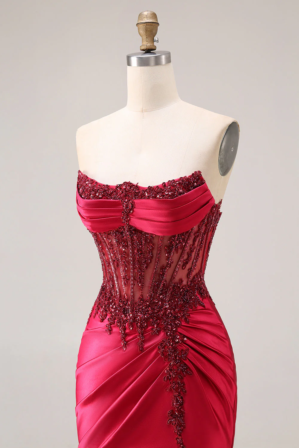 Burgundy Strapless Beading Mermaid Corset Satin Prom Dress with Slit - Image 8