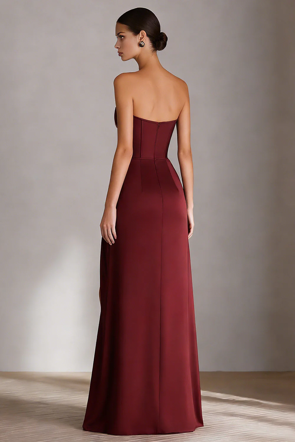 Burgundy Sweetheart Sheath Long Satin Dress with Slit - Image 2