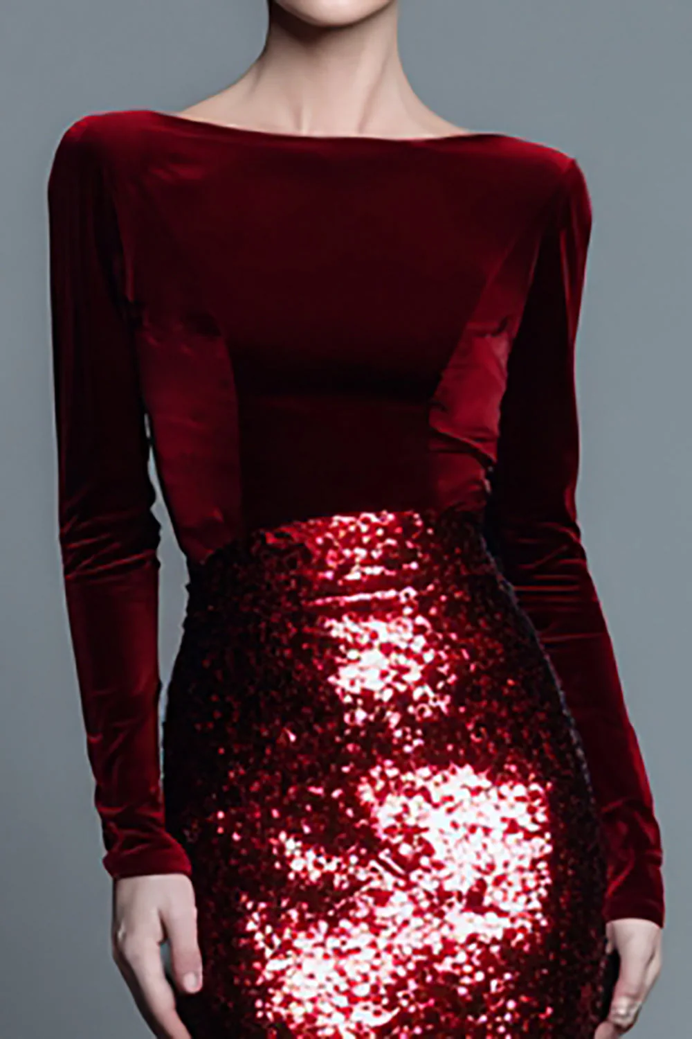 Burgundy Velvet Mermaid Bateau Neck Long Evening Dress - Image 2