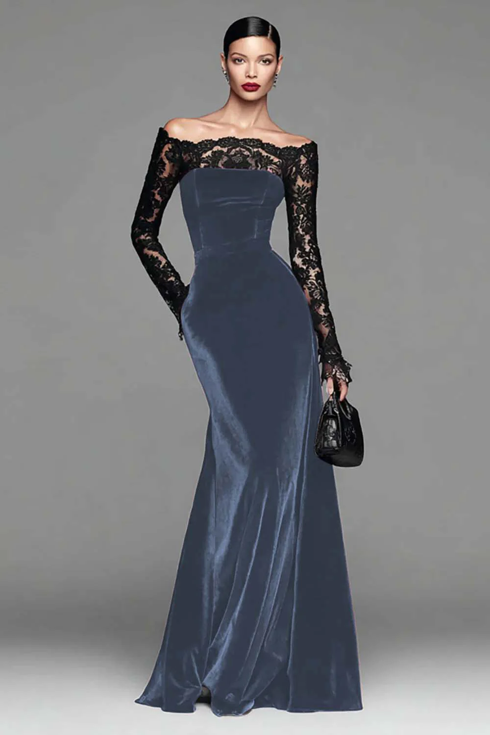 Burgundy Velvet Mermaid Long Sleeve Evening Dress with Lace - Image 10