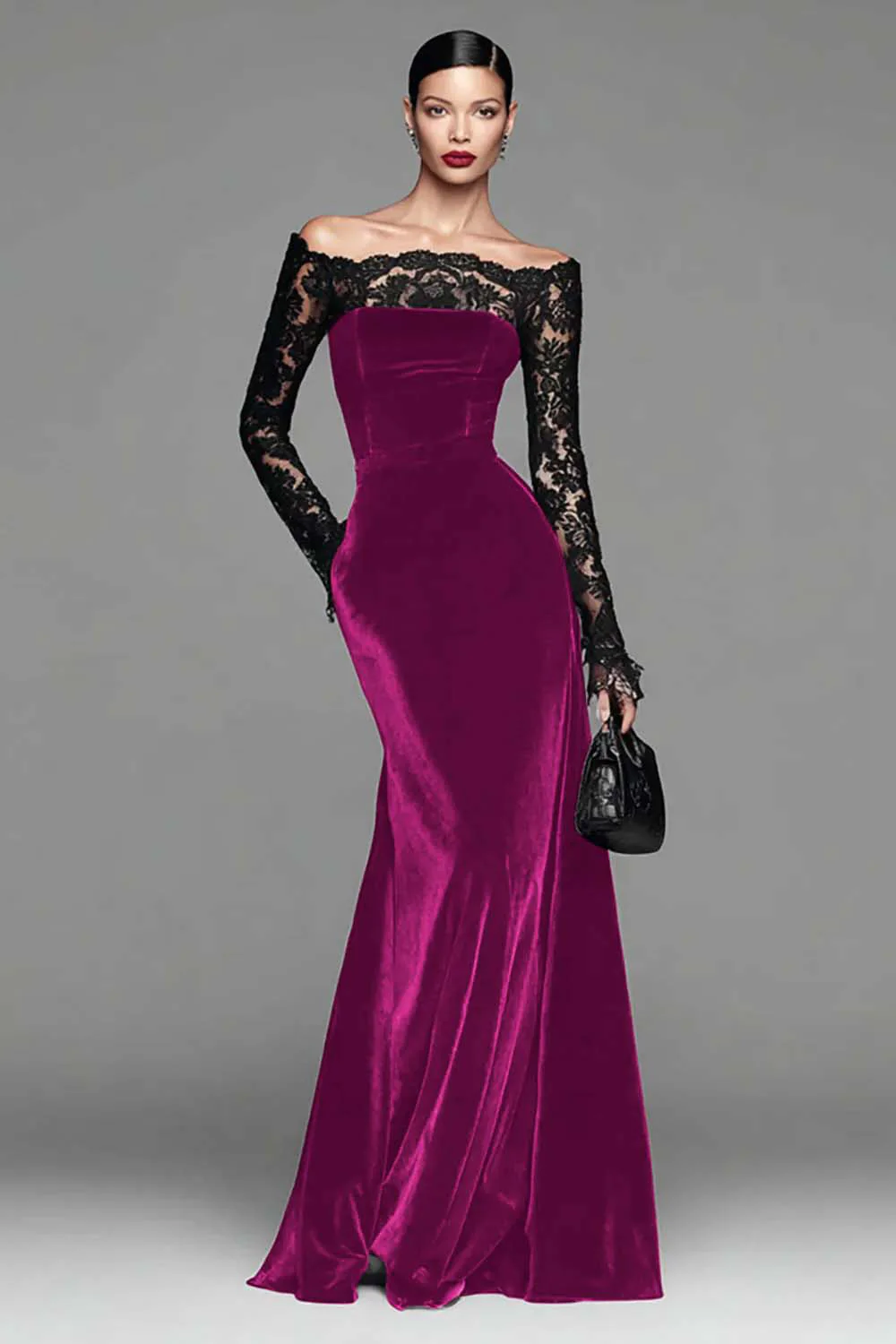 Burgundy Velvet Mermaid Long Sleeve Evening Dress with Lace - Image 11