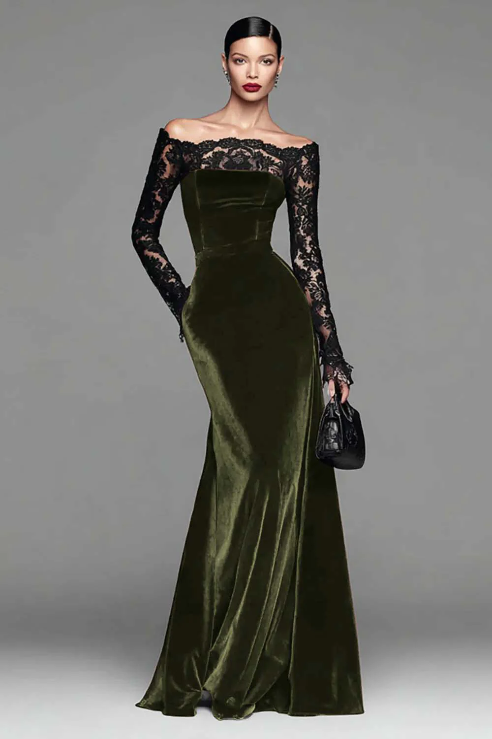 Burgundy Velvet Mermaid Long Sleeve Evening Dress with Lace - Image 12