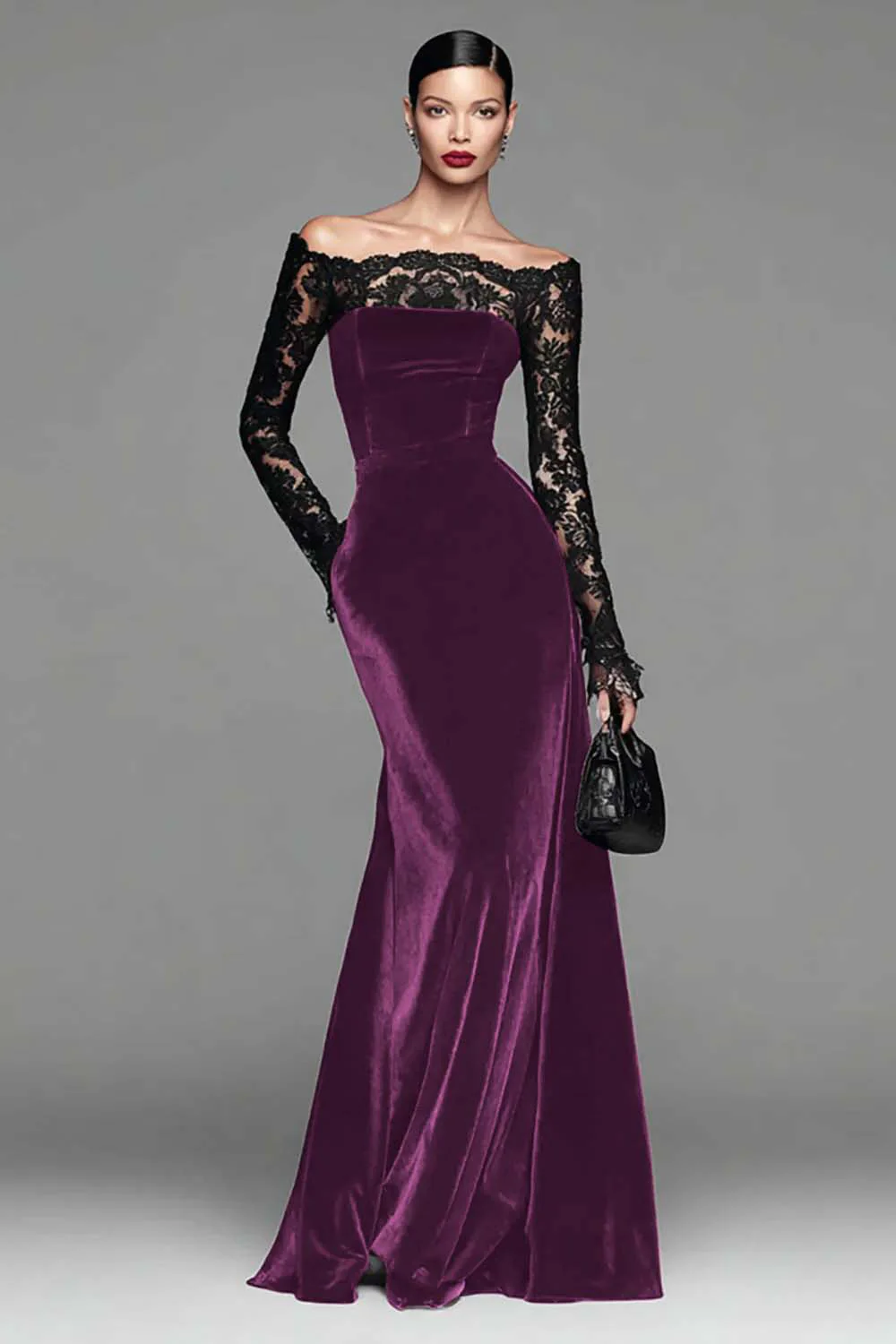 Burgundy Velvet Mermaid Long Sleeve Evening Dress with Lace - Image 13