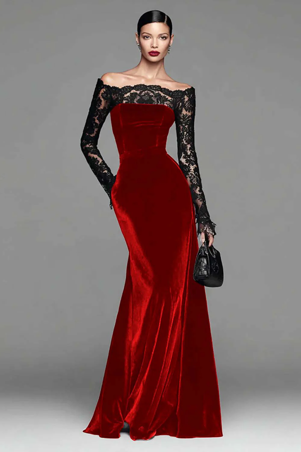 Burgundy Velvet Mermaid Long Sleeve Evening Dress with Lace - Image 14