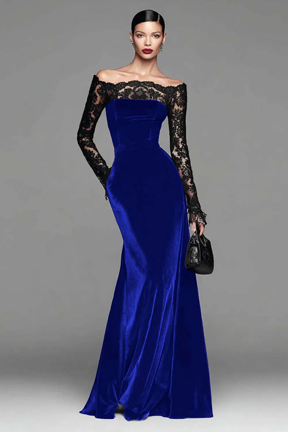 Burgundy Velvet Mermaid Long Sleeve Evening Dress with Lace - Image 15