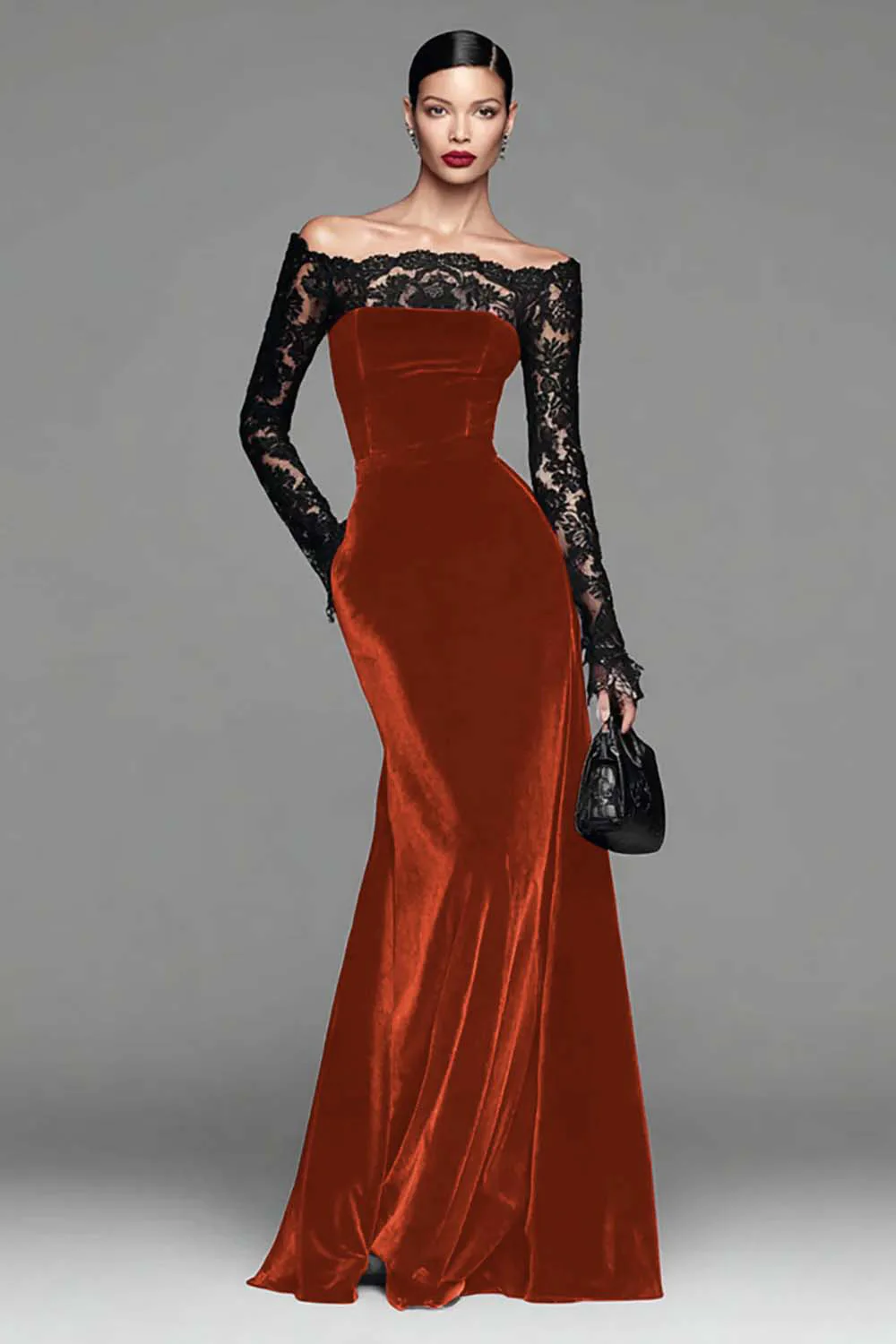 Burgundy Velvet Mermaid Long Sleeve Evening Dress with Lace - Image 16
