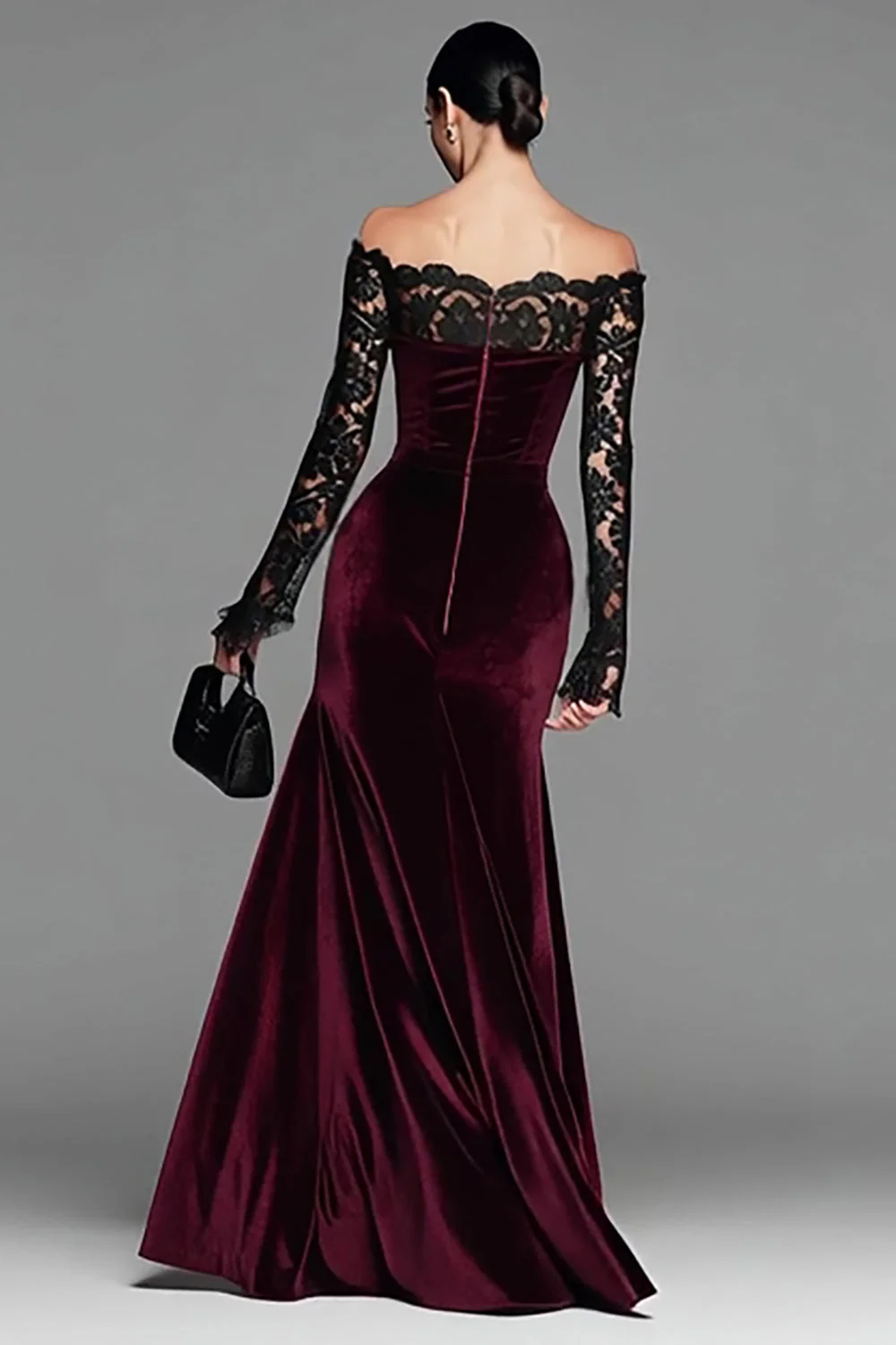 Burgundy Velvet Mermaid Long Sleeve Evening Dress with Lace - Image 2