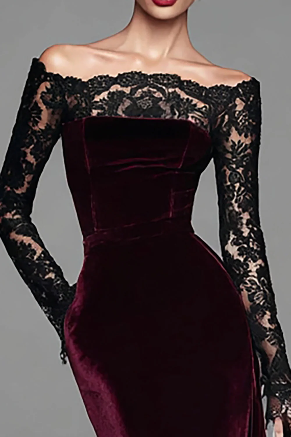 Burgundy Velvet Mermaid Long Sleeve Evening Dress with Lace - Image 3