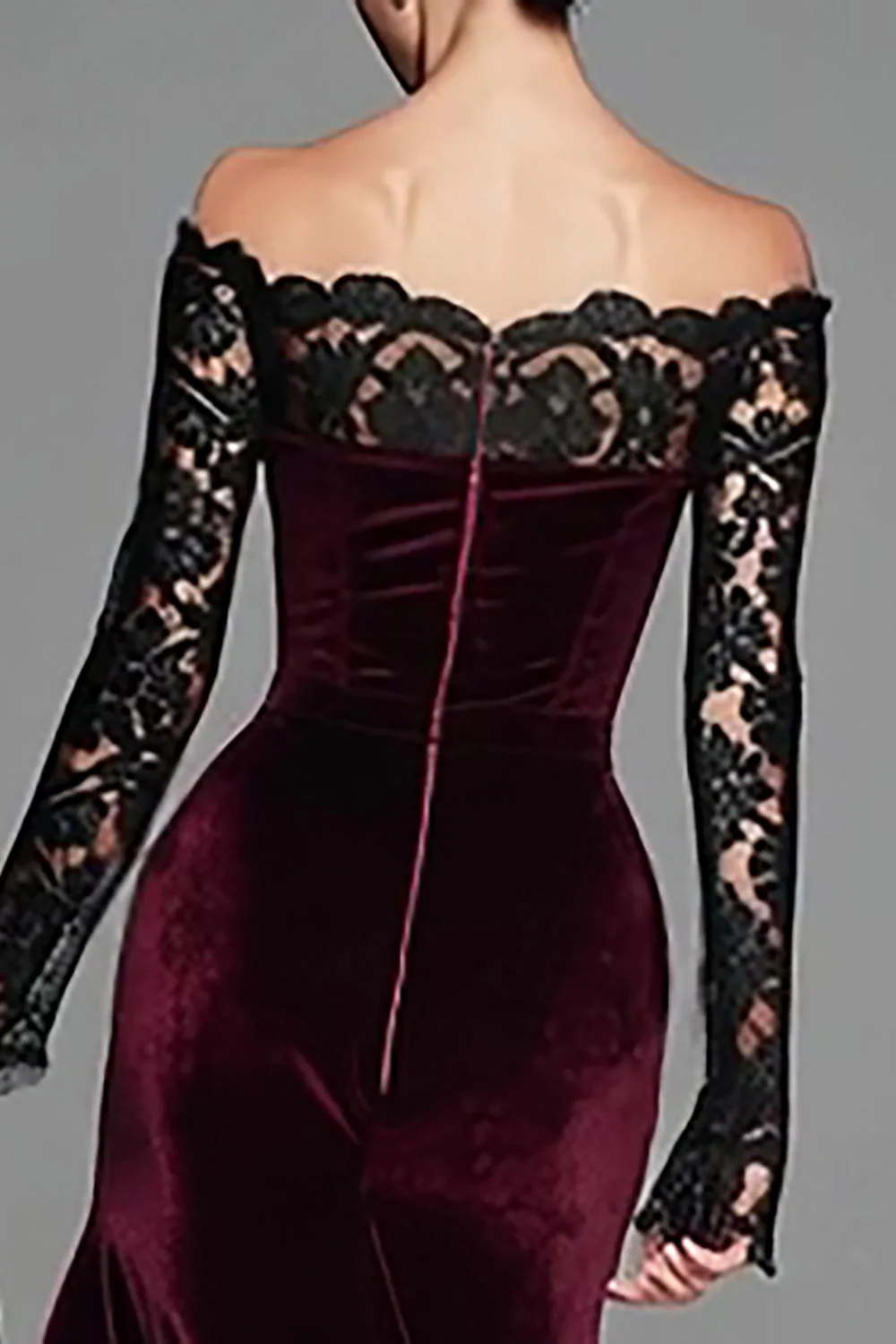 Burgundy Velvet Mermaid Long Sleeve Evening Dress with Lace - Image 4